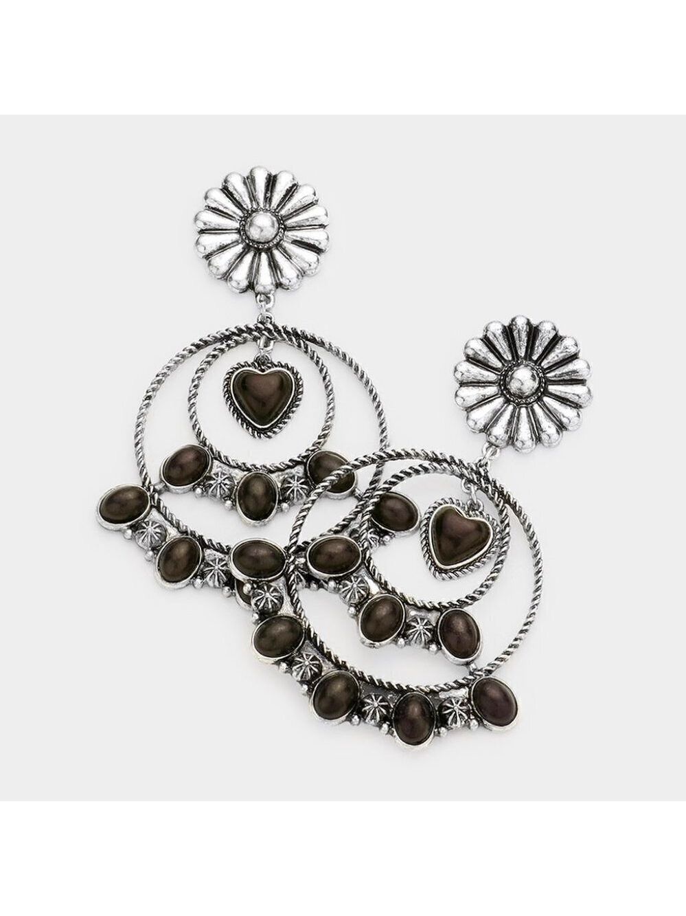 NWT‎ Bohemian Antique Silver Heart Black Stone Dangle Earrings